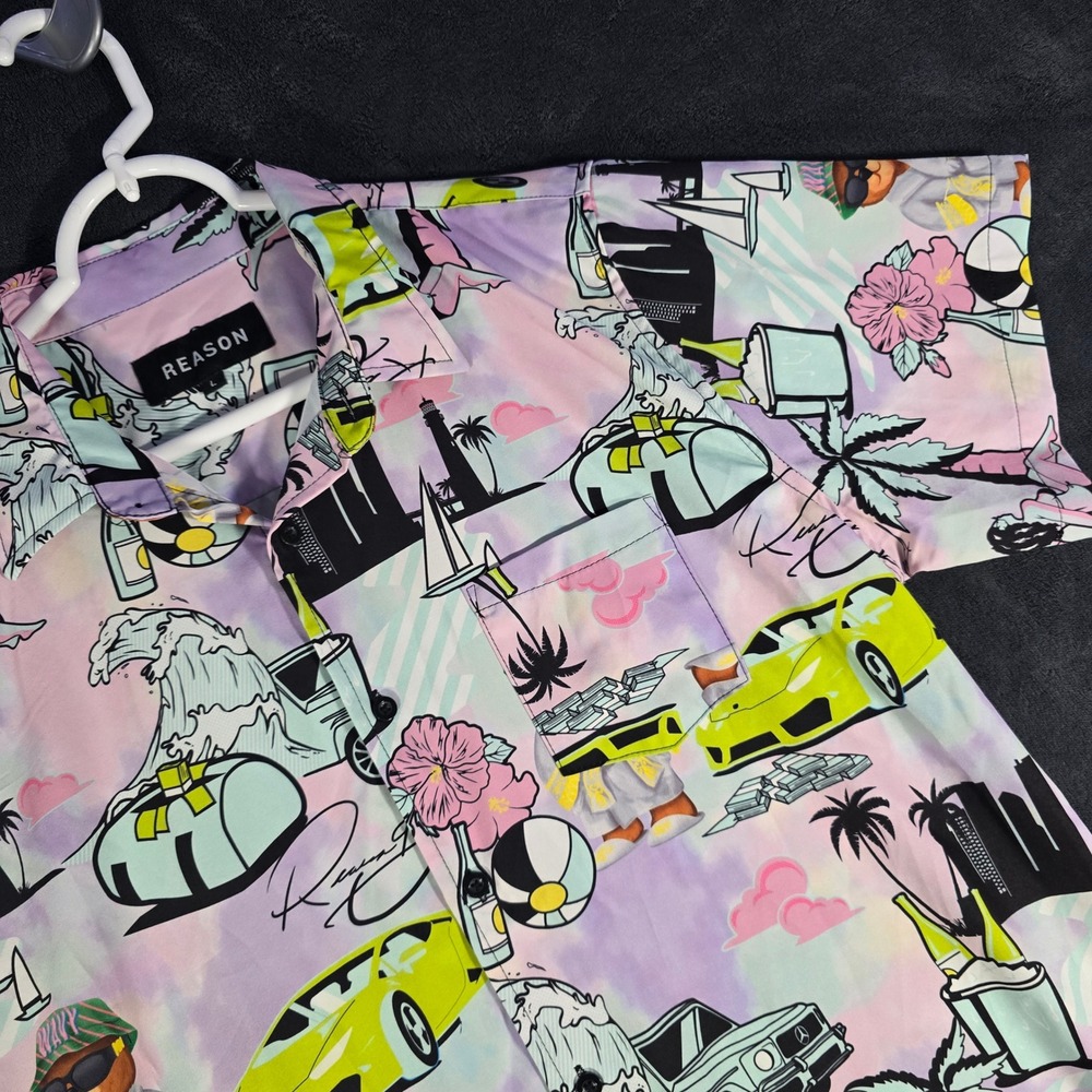 Reason Graphic Print Button Up Short‎ Sleeve Vacation Shirt, Large